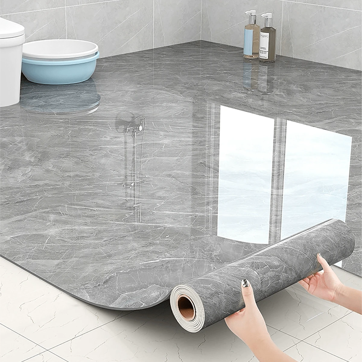 全新防水浴室地贴 - 自粘防滑乙烯基地砖（30 套 DIY 升级产品！防霉防刮）15.7 英寸 x 196.8 英寸，防水浴室地贴，防滑耐磨浴室地板自粘地砖翻新专用地贴 - 彩色 - 查看 1