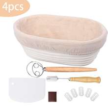 4件套/1个完整酸面包发酵套装，柳条面包发酵篮套装，9英寸圆形和10英寸椭圆形，天然柳条材质，亚麻内衬，适用于家庭厨房酸面包烘焙，专为面团发酵和手工面包制作而设计 - 彩色 - 查看 1
