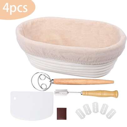4 st/1 st komplett jäsningsset för surdegsbröd, jäsningskorgset för rottingbröd, 23 cm rund och 25 cm oval, naturligt rottingmaterial med linnefoder, lämplig för bakverktyg för surdegsbröd i hemmaköket, speciellt utformade för degjäsning och handgjord brödbakning