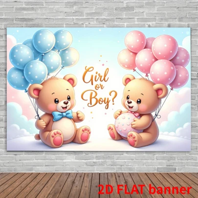 1 件装，2D 立体布料背景性别揭晓派对装饰横幅，派对旗帜，带有粉色和蓝色泰迪熊气球以及闪亮云朵图案，适用于拍照背景。