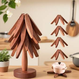 一套“耐热树”木质隔热垫，耐高温桌垫，隔热垫和杯垫，现代简约家用餐盘垫——万圣节和圣诞节的完美礼物，厨房配件，耐热支架，热锅隔热垫