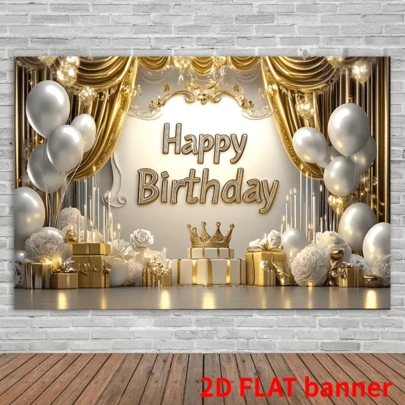2D平面横幅，1件装，“12岁生日快乐”金色背景装饰横幅，涤纶纤维横幅，家居装饰，房间装饰，墙面装饰，派对背景道具，派对装饰
