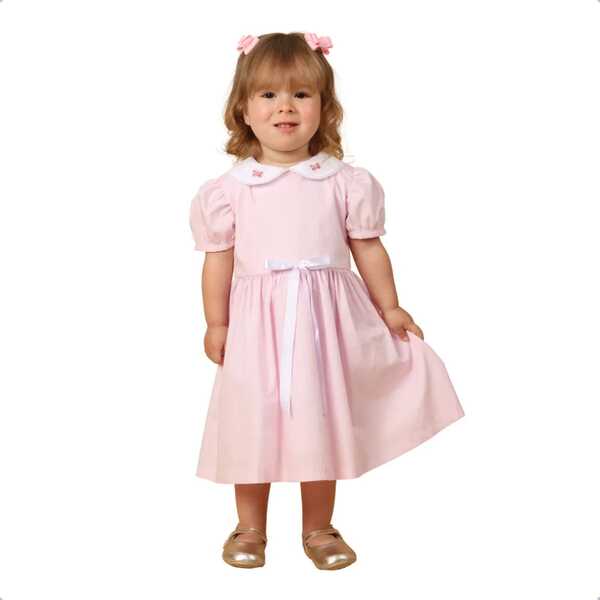 Vestido Rosa Bebê 100% Algodão Bordado Artesanal Rococó Gola