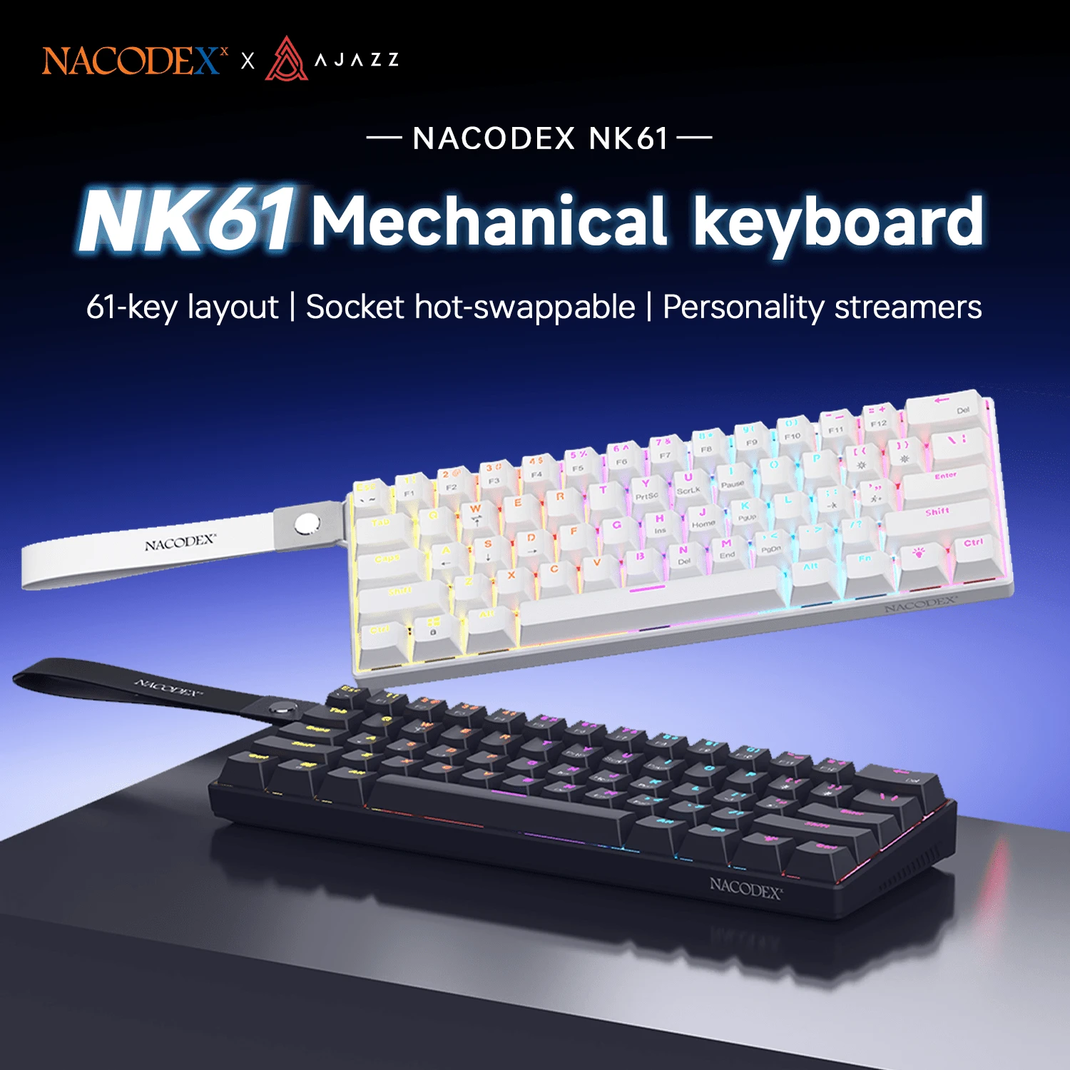 AJAZZ NK61 有线机械键盘，全彩混合背光，侧边氛围灯箱，61键流光键帽，支持热插拔键帽，红轴，微调卫星轴。游戏键盘，便携式键盘