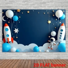 2D平面横幅，单件装，太空主题背景布，印有宇航员和火箭图案，适用于生日派对、周年纪念、婚礼和太空主题派对活动背景，无需用电 - 藏蓝色 - 查看 13