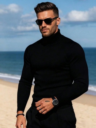 남성용 단색 긴소매 캐주얼 터틀넥 니트 티셔츠