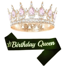 2件套生日女王绶带和皇冠套装，包含生日皇冠、绶带、女王造型蜡烛和蛋糕装饰，适合生日女性，是生日派对的理想礼物。金色新娘头戴皇冠，上面装饰着饰品，是婚礼派对的理想用品。 - 彩色 - 查看 6