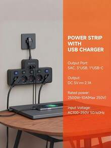 9-In-1 Multi-Outlet Power Strip, Multi-Outlet Single Control Socket, 5 AC + 3 USB + 1 Type-C Port, Independent Switch Control, Suitable For Home Decor, Electricians, And Appliances