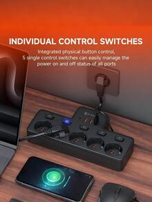 9-In-1 Multi-Outlet Power Strip, Multi-Outlet Single Control Socket, 5 AC + 3 USB + 1 Type-C Port, Independent Switch Control, Suitable For Home Decor, Electricians, And Appliances