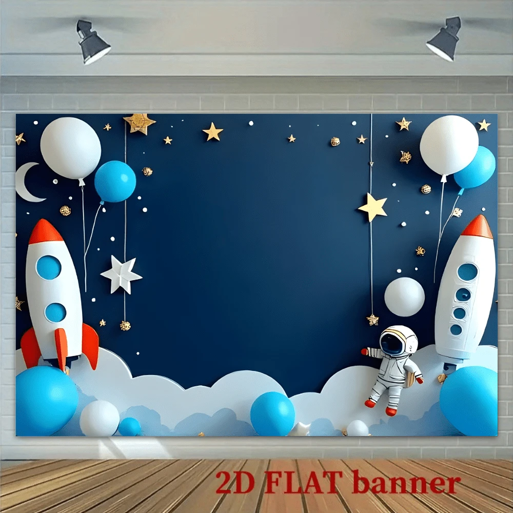2d Flat Banner 1pc Space-Themed Background Cloth, Featuring Astronaut And Rocket Designs, Suitable For Birthday Parties, Anniversaries, Weddings And Space Party Event Backgrounds, No Electricity Required - Navy Blue - View 4