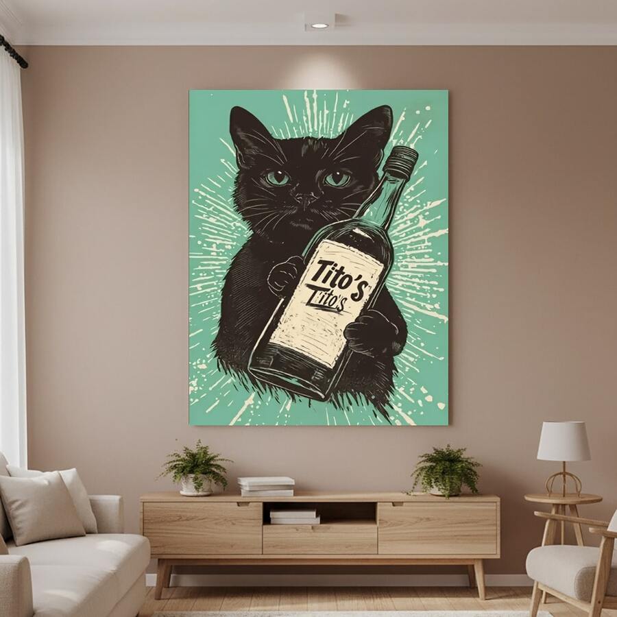 Framed 1pc Minimalist Black Cat With Tito'S Vodka Bottle Wall Art - Retro Comic Style Poster For Living Room, Bedroom, Home Office - Indoor & Outdoor Decor, Framed Plastic Print, Cat Decor - 框架 - 查看 1