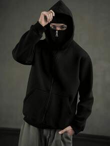 Stylish Black Balaclava Hoodie With Full-Face Mask - Casual Zip-Up Sweatshirt, Machine Washable, Graphic Design, Perfect For Outdoor Activities, Outdoor Activity Apparel | Fashionforward Hoodie | Durable Fabric Hoodie - màu đen - Xem 4