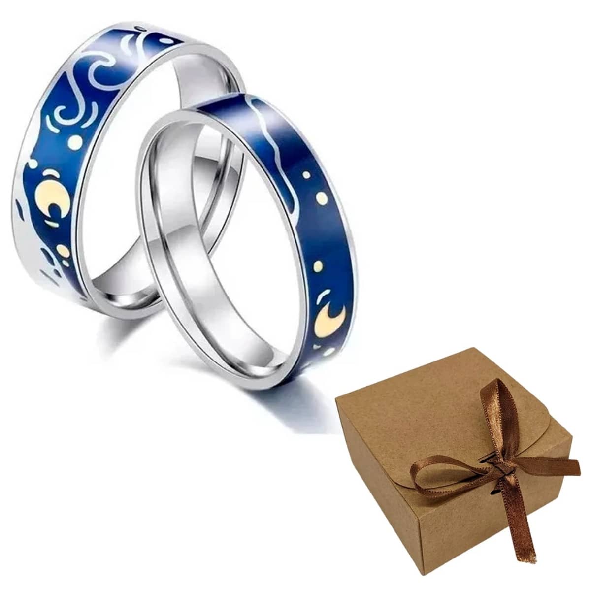 Pair Of Wedding Rings, Van Gogh Painting Starry Sky + Box - Bạc - Xem 1