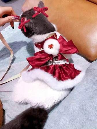 1pc Princess Love Dress And Traction Band,New Autumn/Winter Rich Satin Wool Skirt, Suitable For Cats And Dogs
