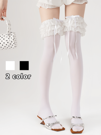 1双女士纯色双层蕾丝装饰天鹅绒过膝袜，可爱洛丽塔风格过膝袜，轻薄透气，适合春秋季穿着，也适合角色扮演、圣诞节、节日、千禧一代风格，舒适保暖。