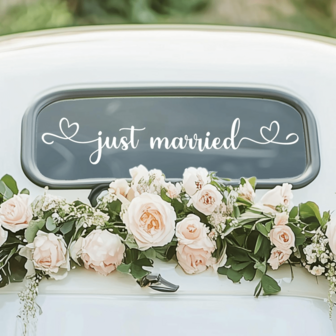 1pc Just Married Car Sticker – Romantic Wedding Vinyl Decal For Newlyweds, Waterproof Removable Heart Auto Decoration, Elegant Script Bridal Car Window Decor, Perfect Wedding Day Accessory For Couple, Engagement, Valentine's Day, Anniversary Gift