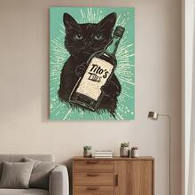 Framed 1pc Minimalist Black Cat With Tito'S Vodka Bottle Wall Art - Retro Comic Style Poster For Living Room, Bedroom, Home Office - Indoor & Outdoor Decor, Framed Plastic Print, Cat Decor - 框架 - 查看 2