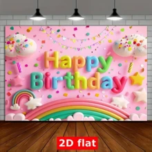 Biểu ngữ sinh nhật bằng sợi polyester màu hồng tươi sáng dành cho bé gái, có thiết kế hình đám mây cầu vồng và ngôi sao đầy màu sắc - Dùng cho sự kiện tiệc bánh và chụp ảnh sự kiện - Hồng - Xem 4