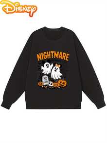 Women'S Halloween Nightmare Before Christmas Fleece-Lined Sweatshirt - Cozy Pumpkin & Ghosts Graphic Print, Black Casual Crewneck Pullover For Fall/Winter, & Casual Wear, Halloween Clothes, Fall Fashion Top, Whimsical Design, Soft Texture Fabric, Seasonal Clothing, Playful Style, Comfortable Material, Printed Top, Adults - 黑色 - 查看 1