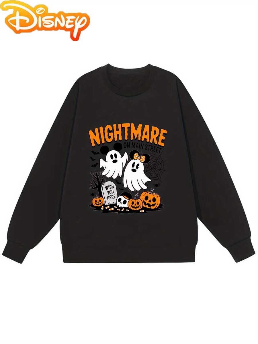 Women'S Halloween Nightmare Before Christmas Fleece-Lined Sweatshirt - Cozy Pumpkin & Ghosts Graphic Print, Black Casual Crewneck Pullover For Fall/Winter, & Casual Wear, Halloween Clothes, Fall Fashion Top, Whimsical Design, Soft Texture Fabric, Seasonal Clothing, Playful Style, Comfortable Material, Printed Top, Adults - 黑色 - 查看 1