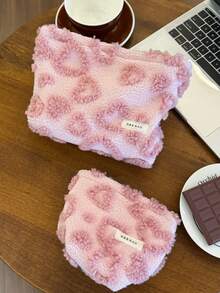 1个/套粉色心形化妆包，简约多功能化妆包，拉链大开口便携旅行收纳包，手拿包，女士礼物，圣诞礼物，送给她的绝佳礼物，化妆包，旅行必备 - 西瓜粉 - 查看 11