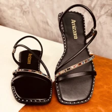 Amizzara Women's Flat Sandals New Arrival Shiny Rhinestone Modern Straps - Black - View 13