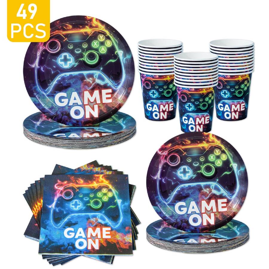 8pcs Gaming Themed Disposable Tableware Set, Including Plates, Napkins And Cups, Suitable For Birthday, Wedding, Party, Family Picnic