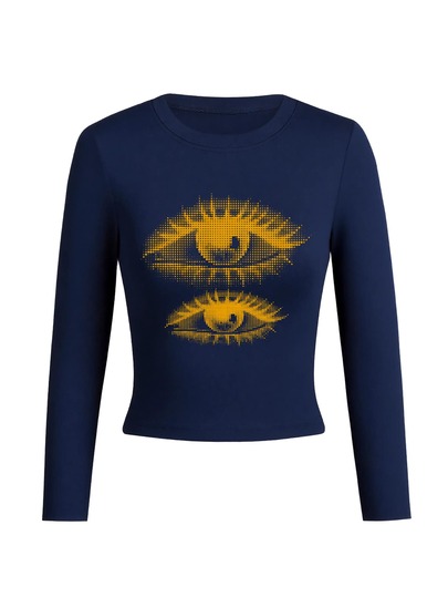 Women's Round Neck Long Sleeve T-Shirt, Spring/Autumn New Eye Pattern Print, American Hot Girl Style, Fashionable Casual Versatile Short Slim Fit Top