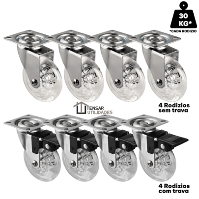 Kit 8 Rodizio Giratório Gel Rodinha Silicone 4 Com Trava 4 Sem Trava 35mm