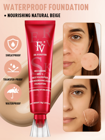 Fundación Mate Impermeable FV - Efecto de maquillaje de larga duración, cobertura media-alta, fórmula ligera de control de aceite, corrector impermeable, fundación de cobertura total, imprimación profesional, adecuada para piel mixta/grasa, 30g