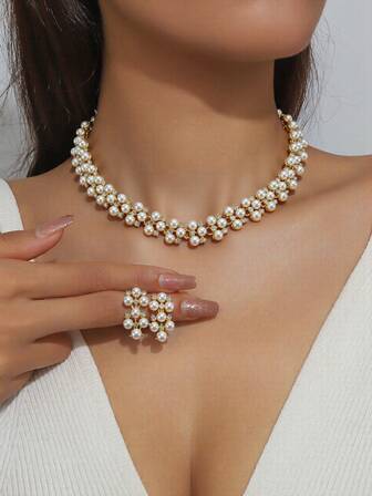 3件套镂空圆形水晶珍珠首饰套装，金色项链和耳环，派对/婚礼礼物