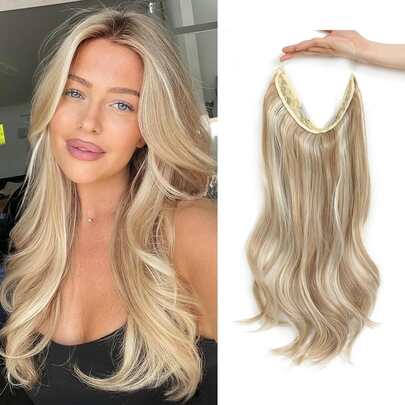 18 Inch Invisible Wire Hair Extensions, Fluffy Wavy Halo Style Extensions With 2 Adjustable Clips, Soft Transparent Lace, Natural Long Wavy Extensions, Suitable For Women - Sandy Blonde With White Highlights