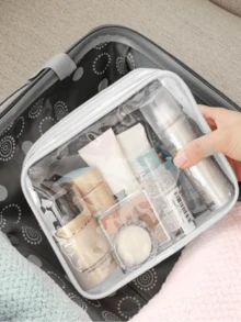 1pc Transparent PVC Makeup Bag - Large Capacity Waterproof Toiletry Bag With PU Trim For DurabilityPortable Cosmetic Organizer For Travel, Gym Sessions, Overnight Trips & Bathroom Counter StorageHandheld Design - Women's Stylish Storage Bag For Skincare Products, Makeup & Toiletries - 無色 - 查看 10