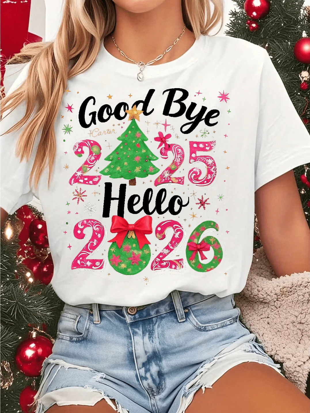 Playera navideña 2026 para mujer – "Goodbye 2025 Hello 2026" con árbol de Navidad, manga corta, 100% algodón - Blanco - Ver 1