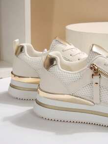 2025新款撞色舒适系带防滑圆头女式休闲运动鞋，轻便时尚水钻装饰休闲运动鞋 - 米色 - 查看 2