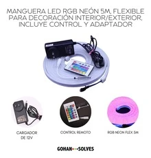 Tira LED Neón Flexible RGB de 5 Metros con Control Remoto y Adaptador - Luz Decorativa Impermeable - Multicolor - Ver 5