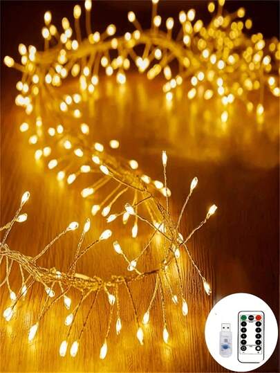 1 件暖光 100LED/50LED 爆竹灯串，USB 铜线仙女灯，LED 爆竹灯串，带遥控器，8 种可调节照明模式，适合室内派对、圣诞节、圣诞树和爆竹灯串，适合圣诞节、感恩节