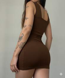 Li STORES Elegant Women's Short Bodycon Dress, Slim Fit, Solid Black, Sexy - Rust Brown - View 2