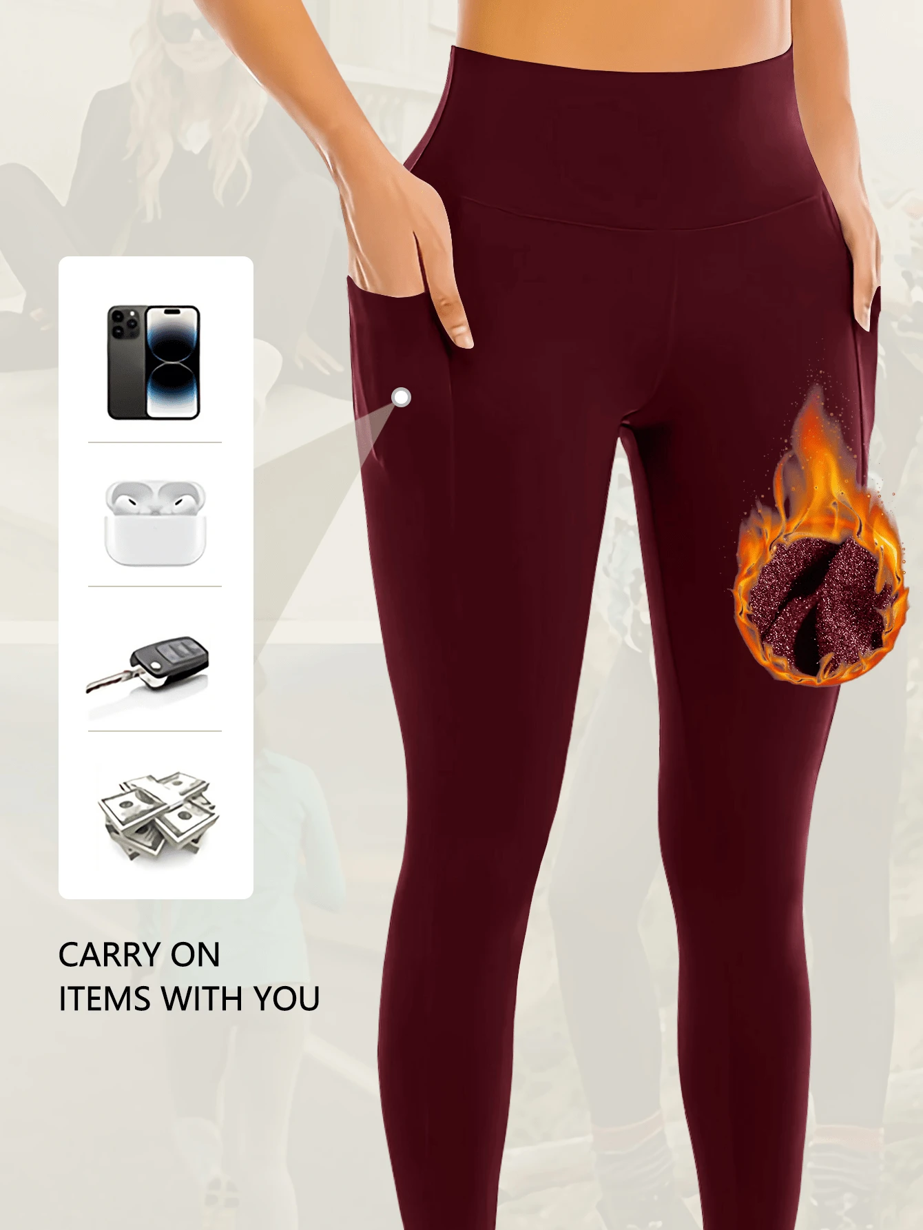 一件装保暖内衬瑜伽紧身裤，带侧袋，加厚保暖，适合秋冬季穿着。 - 酒紅色 - 查看 1