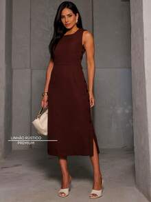 Women's Midi Dress Elegant Casual Buttons Front Simple Button - 鏽棕色 - 查看 2