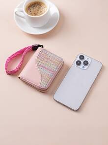 Mini Women Wallet, Compact Bifold Card Holder Wallet, Colorblock Zipper Coin Purse - Multicolor - View 5