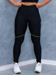 Green Athletic Gym Leggings - Đen / Xanh lục - Xem 5