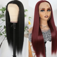 32英寸360°高清全蕾丝深波浪卷发合成假发，180密度，预先拔毛，无需胶水，黑色直发蕾丝前假发 - 彩色 - 查看 3