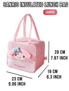 Sanrio My Melody Insulated Lunch Bag – Extra Large Capacity, Pink Soft Denim With 3D Embroidered My Melody Head (Blue Bow, Pink Ears & Yellow Nose), 23x16x20cm Compact Yet Spacious, Keeps Food Fresh & Tasty, Ideal For School Meals/Lunch Boxes & Sanrio Fans Gift