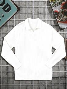 Men's Solid Color Ribbed Vertical Ribbed Collared Knit Sweater, Simple And Versatile Long Sleeve Top - White - View 4