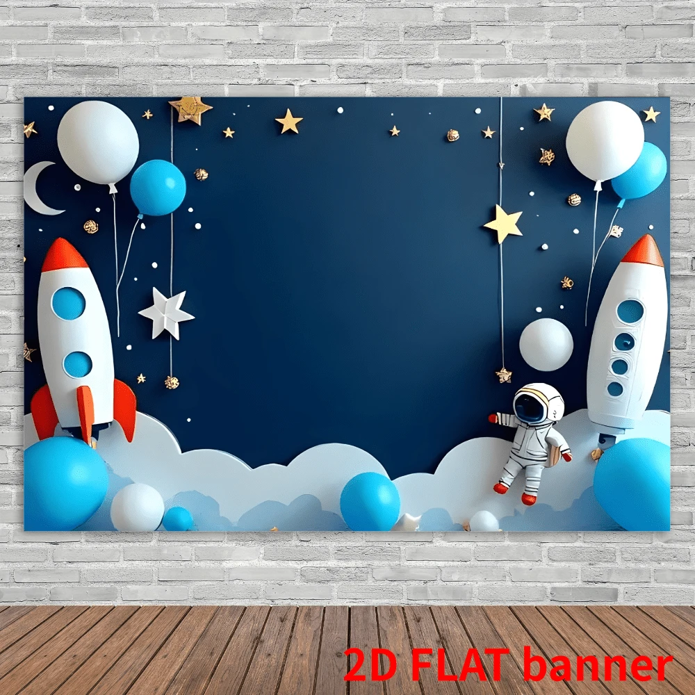 2d Flat Banner 1pc Space-Themed Background Cloth, Featuring Astronaut And Rocket Designs, Suitable For Birthday Parties, Anniversaries, Weddings And Space Party Event Backgrounds, No Electricity Required - Navy Blue - View 7