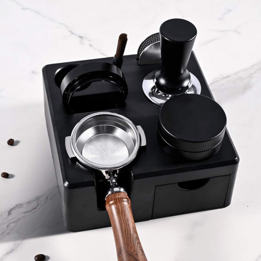 多功能压粉器工作台，带抽屉，意式咖啡压粉器工作台，多用途储物抽屉，防滑压粉器工作台，适用于51-58mm压粉器分配器手柄，实木压粉器支架，咖啡手柄支架