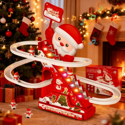 Electric Santa Slide Track Climbing Toy With Automatic Stairs - LED Light & Music Motion Playset, Red Christmas Roller Slide With Stairs, Indoor/ Play For Boys & Girls, Holiday Party Game, Durable Construction, Easy Assembly, Ideal Christmas Gift For Active Play & Motor Skills Development