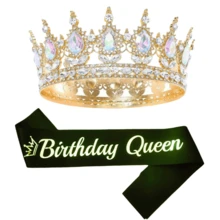 2件套生日女王绶带和皇冠套装，包含生日皇冠、绶带、女王造型蜡烛和蛋糕装饰，适合生日女性，是生日派对的理想礼物。金色新娘头戴皇冠，上面装饰着饰品，是婚礼派对的理想用品。 - 彩色 - 查看 20