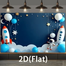 2D平面横幅，单件装，太空主题背景布，印有宇航员和火箭图案，适用于生日派对、周年纪念、婚礼和太空主题派对活动背景，无需用电 - 藏蓝色 - 查看 4